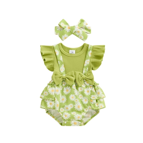 Bagilaanoe Newborn Baby Girl Summer Rompers Daisy Print Fly Sleeve Bodysuits + Headband 3M 6M 9M 12M 18M Infant One Piece Jumpsuit