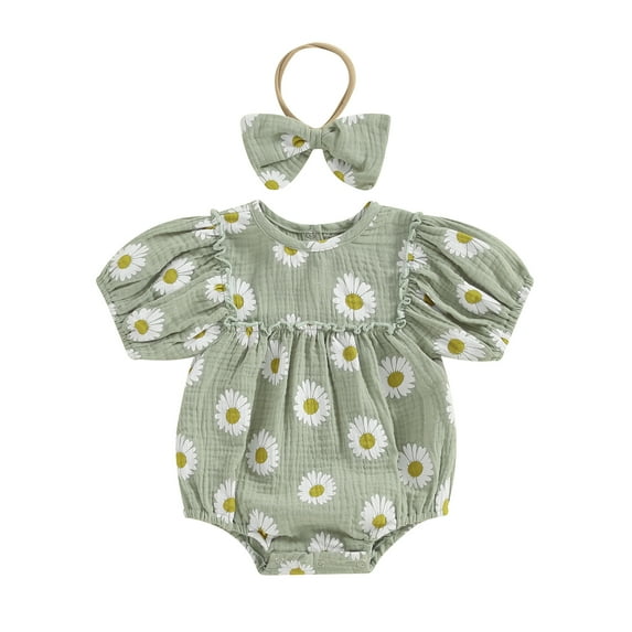 Bagilaanoe Newborn Baby Girl Summer Rompers Daisy Print Short Sleeve Bodysuits + Headband 3M 6M 12M 18M Infant One Piece Jumpsuit
