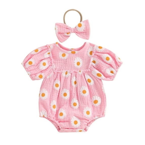 Bagilaanoe Newborn Baby Girl Summer Rompers Daisy Print Short Sleeve Bodysuits + Headband 3M 6M 12M 18M Infant One Piece Jumpsuit