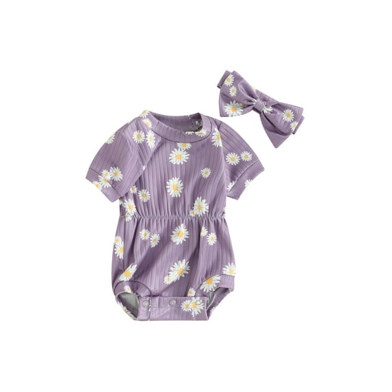 Bagilaanoe Newborn Baby Girl Summer Rompers Daisy Print Short Sleeve Bodysuits + Headband 3M 6M 9M 12M 18M Infant One Piece Jumpsuit
