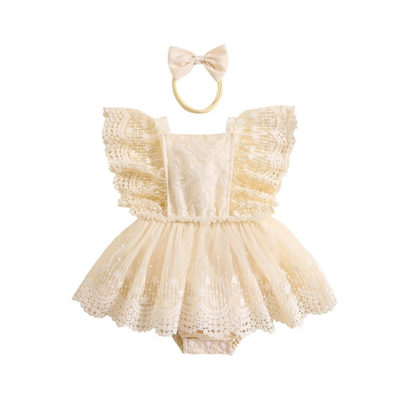 Bagilaanoe Newborn Baby Girl Summer Rompers Dress Butterfly Fly Sleeve Bodysuits + Headband 3M 6M 12M 18M Infant Lace Patchwork A-line Dresses