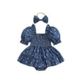 thumbnail image 1 of Bagilaanoe Newborn Baby Girl Summer Rompers Dress Daisy Print Puff Sleeve Bodysuits + Headband 3M 6M 12M 18M Infant Patchwork A-line Dresses, 1 of 7