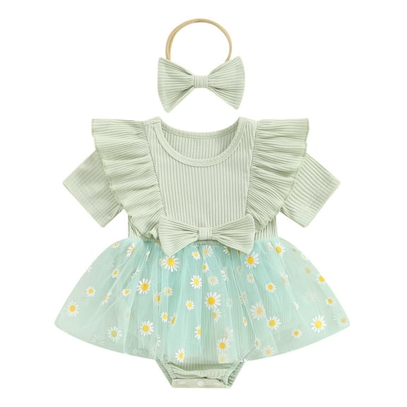 Bagilaanoe Newborn Baby Girl Summer Rompers Dress Daisy Print Short Sleeve Bodysuits   Headband 3M 6M 12M 18M Infant Patchwork A-line Dresses