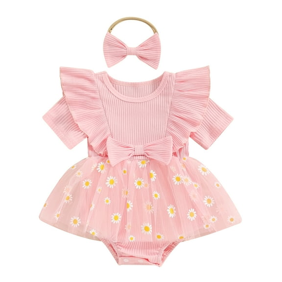 Bagilaanoe Newborn Baby Girl Summer Rompers Dress Daisy Print Short Sleeve Bodysuits   Headband 3M 6M 12M 18M Infant Patchwork A-line Dresses