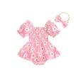 thumbnail image 1 of Bagilaanoe Newborn Baby Girl Summer Rompers Dress Daisy Print Short Sleeve Bodysuits + Headband 3M 6M 12M 18M Infant Patchwork A-line Dresses, 1 of 6