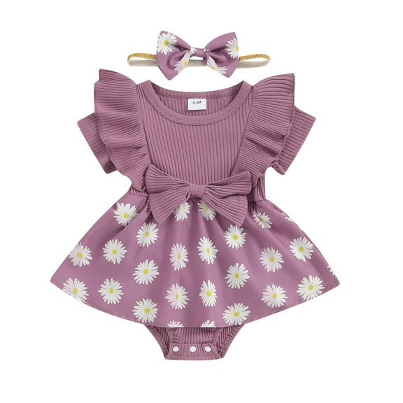Bagilaanoe Newborn Baby Girl Summer Rompers Dress Daisy Print Short Sleeve Bodysuits   Headband 3M 6M 9M 12M 18M Infant Patchwork A-line Dresses