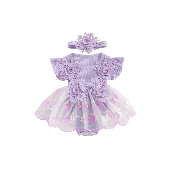 Bagilaanoe Newborn Baby Girl Summer Rompers Dress Floral Embroidered Fly Sleeve Bodysuits + Headband 3M 6M 12M 18M Infant Tulle Patchwork A-line Dresses
