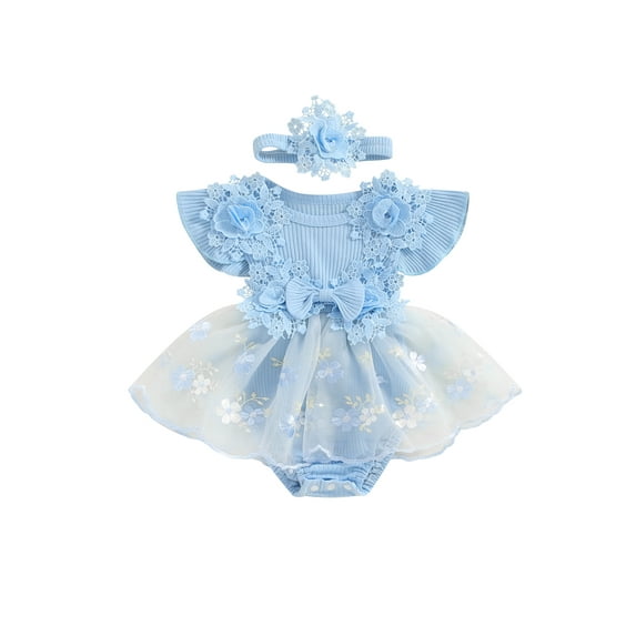 Bagilaanoe Newborn Baby Girl Summer Rompers Dress Floral Embroidered Fly Sleeve Bodysuits + Headband 3M 6M 12M 18M Infant Tulle Patchwork A-line Dresses