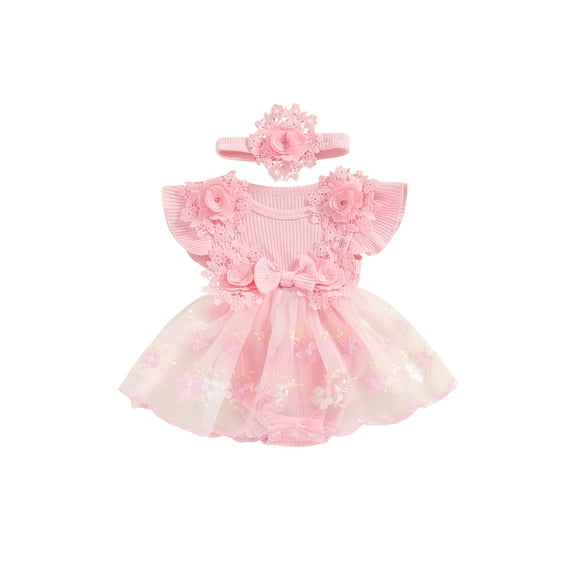 Bagilaanoe Newborn Baby Girl Summer Rompers Dress Floral Embroidered Fly Sleeve Bodysuits + Headband 3M 6M 12M 18M Infant Tulle Patchwork A-line Dresses