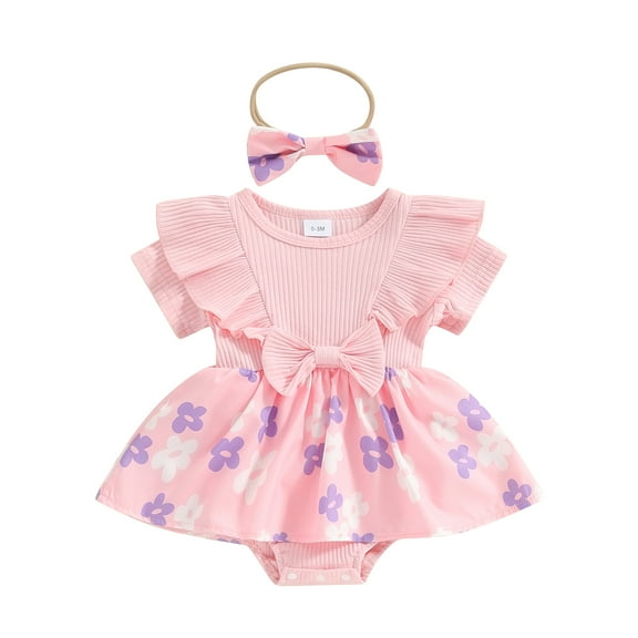 Bagilaanoe Newborn Baby Girl Summer Rompers Dress Floral Fly Sleeve Bodysuits + Headband 3M 6M 9M 12M 18M Infant Ribbed Patchwork A-line Dresses