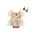 thumbnail image 1 of Bagilaanoe Newborn Baby Girl Summer Rompers Dress Floral Print Short Puff Sleeve Bodysuits + Headband 3M 6M 12M 18M Infant Patchwork A-line Dresses, 1 of 8