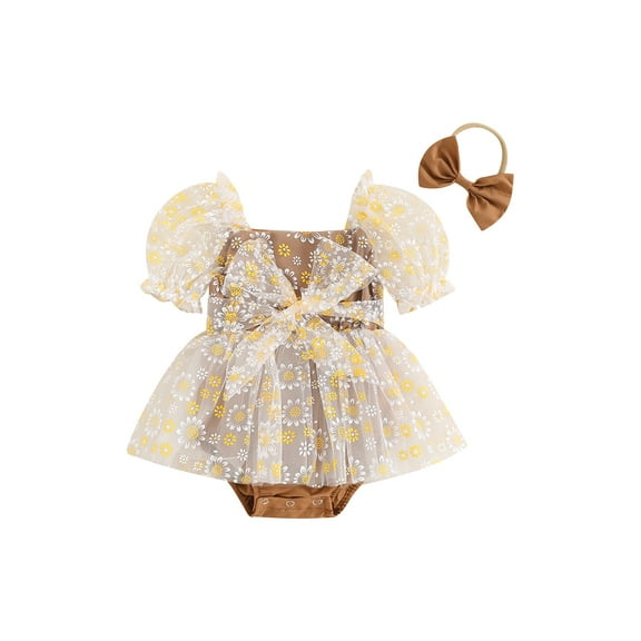 Bagilaanoe Newborn Baby Girl Summer Rompers Dress Floral Print Short Puff Sleeve Bodysuits + Headband 3M 6M 12M 18M Infant Patchwork A-line Dresses