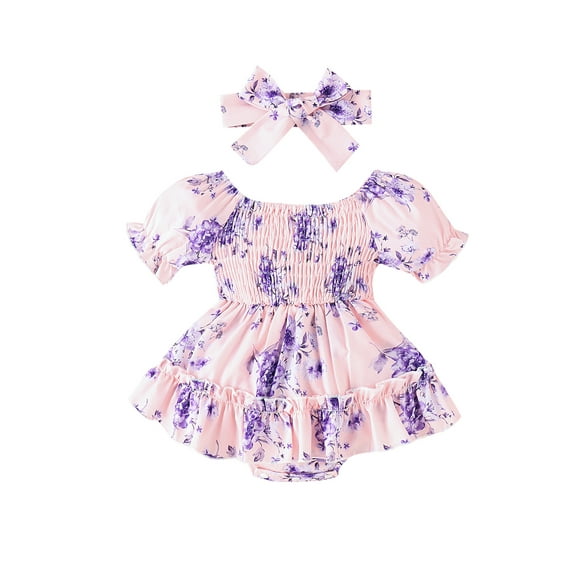 Bagilaanoe Newborn Baby Girl Summer Rompers Dress Floral Short Sleeve Bodysuits + Headband 6M 9M 12M 24M Infant Patchwork A-line Dresses