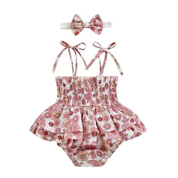 Bagilaanoe Newborn Baby Girl Summer Rompers Dress Flower Print Sleeveless Bodysuits   Headband 3M 6M 12M 18M 24M Infant Patchwork A-line Dresses