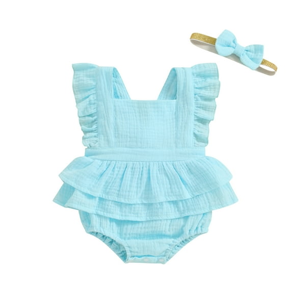 Bagilaanoe Newborn Baby Girl Summer Rompers Dress Fly Sleeve Bodysuits + Headband 6M 9M 12M 18M Infant Patchwork A-line Dresses