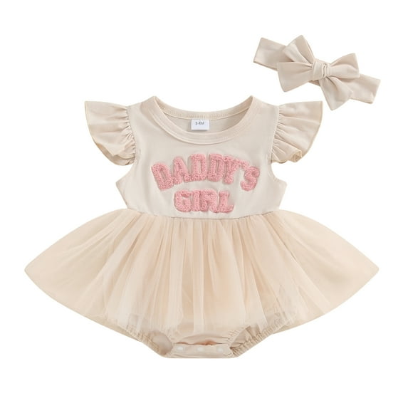 Bagilaanoe Newborn Baby Girl Summer Rompers Dress Letter Embroidery Sleeveless Bodysuit + Headband 3M 6M 12M 18M Infant Tulle A-line Princess Dresses