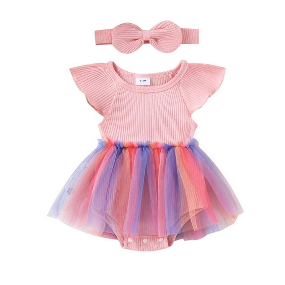 Bagilaanoe Newborn Baby Girl Summer Rompers Dress Ribbed Short Sleeve Bodysuits + Headband 3M 6M 9M 12M 18M Infant Tulle Patchwork A-line Dresses