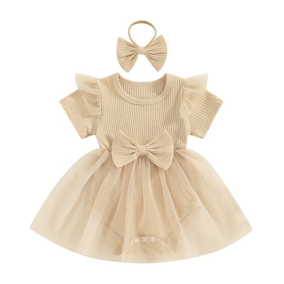 Bagilaanoe Newborn Baby Girl Summer Rompers Dress Short Sleeve Bodysuits + Headband 3M 6M 12M 18M Infant Patchwork A-line Dresses