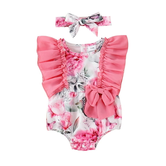 Bagilaanoe Newborn Baby Girl Summer Rompers Floral Butterfly Print Fly Sleeve Bodysuits + Headband 3M 6M 9M 12M 18M Infant One Piece Jumpsuit