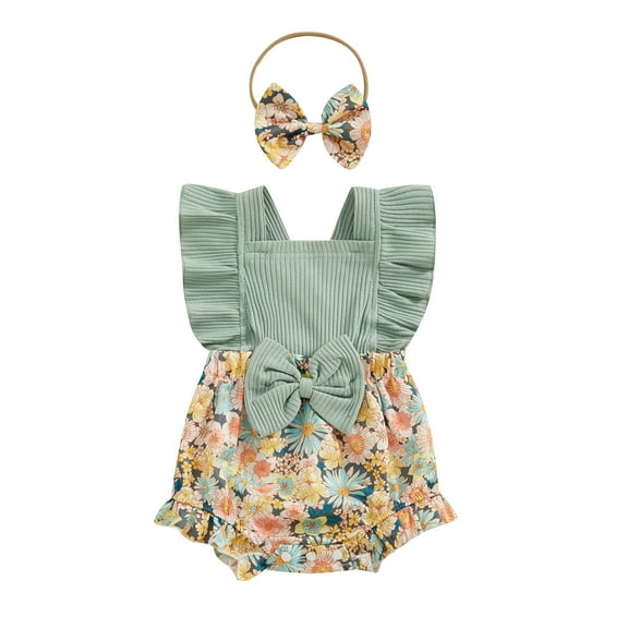 Bagilaanoe Newborn Baby Girl Summer Rompers Floral Print Fly Sleeve Bodysuits + Headband 3M 6M 12M 18M Infant One Piece Jumpsuit