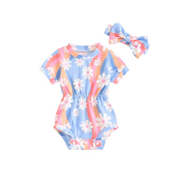 Bagilaanoe Newborn Baby Girl Summer Rompers Floral Print Short Sleeve Bodysuits + Headband 3M 6M 12M 18M Infant One Piece Jumpsuit
