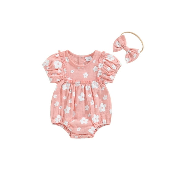 Bagilaanoe Newborn Baby Girl Summer Rompers Floral Print Short Sleeve Bodysuits + Headband 3M 6M 9M 12M 18M Infant Casual One Piece Jumpsuit