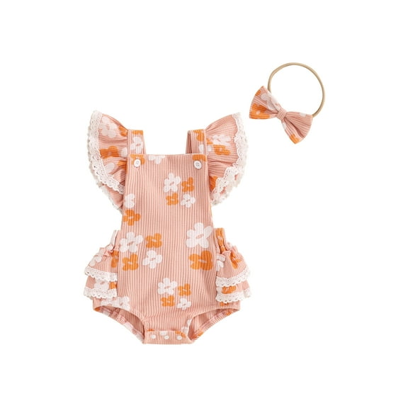 Bagilaanoe Newborn Baby Girl Summer Rompers Floral Print Sleeveless Bodysuits + Headband 3M 6M 9M 12M 18M Infant Ruffle One Piece Jumpsuit