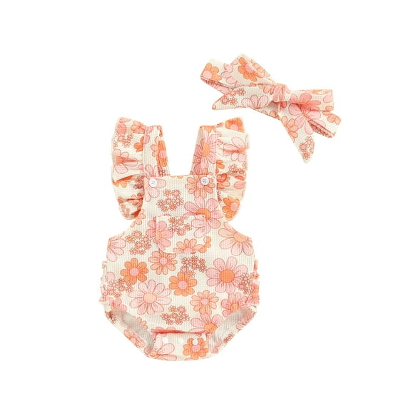 Bagilaanoe Newborn Baby Girl Summer Rompers Flower Print Fly Sleeve Bodysuits + Headband 3M 6M 12M 18M Infant One Piece Jumpsuit