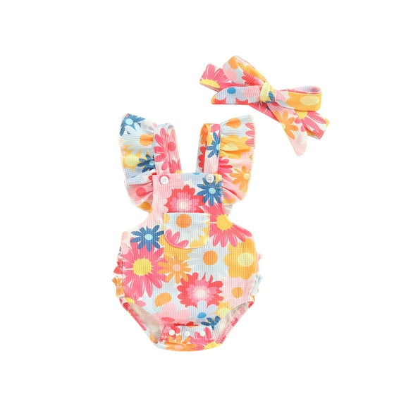 Bagilaanoe Newborn Baby Girl Summer Rompers Flower Print Fly Sleeve Bodysuits + Headband 3M 6M 12M 18M Infant One Piece Jumpsuit