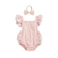 thumbnail image 1 of Bagilaanoe Newborn Baby Girl Summer Rompers Flower Print Fly Sleeve Bodysuits + Headband 6M 12M 18M 24M Infant Ruffles One Piece Jumpsuit, 1 of 7