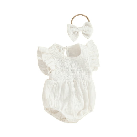 Bagilaanoe Newborn Baby Girl Summer Rompers Fly Sleeve Bodysuits + Headband 3M 6M 12M 18M Infant One Piece Jumpsuit