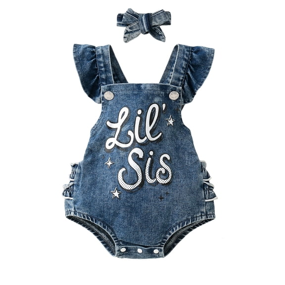 Bagilaanoe Newborn Baby Girl Summer Rompers Letter Print Fly Sleeve Bodysuits + Headband 3M 6M 12M 18M 24M Infant Denim One Piece Jumpsuit