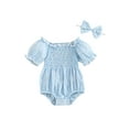 thumbnail image 1 of Bagilaanoe Newborn Baby Girl Summer Rompers Plaid Short Sleeve Off Shoulder Bodysuits + Headband 3M 6M 12M 18M Infant One Piece Jumpsuit, 1 of 7