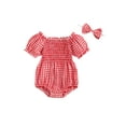 thumbnail image 1 of Bagilaanoe Newborn Baby Girl Summer Rompers Plaid Short Sleeve Off Shoulder Bodysuits + Headband 3M 6M 12M 18M Infant One Piece Jumpsuit, 1 of 7