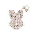 thumbnail image 1 of Bagilaanoe Newborn Baby Girl Summer Rompers Print Fly Sleeve Bodysuits + Headband 3M 6M 12M 18M Infant Ruffle One Piece Jumpsuit, 1 of 7