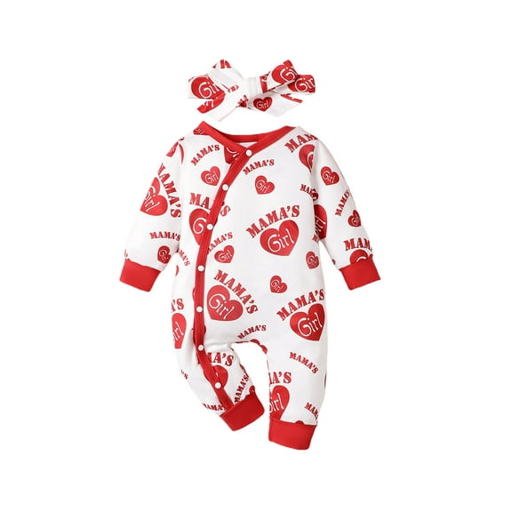 Bagilaanoe Newborn Baby Girl Valentine's Day Jumpsuit Heart Letter Print Long Sleeve Bodysuit   Headband 1M 3M 6M 9M 12M 18M Infant Spring One Piece Romper