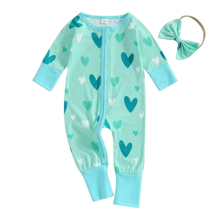Baby Girl Heart-Print Romper With Headband - Long Sleeve One-Piece Outfit