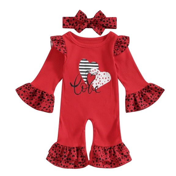Bagilaanoe Newborn Baby Girl Valentine's Day Jumpsuit Heart Print Long Sleeve Bodysuit   Headband 3M 6M 9M 12M 18M Infant Ruffle One Piece Romper