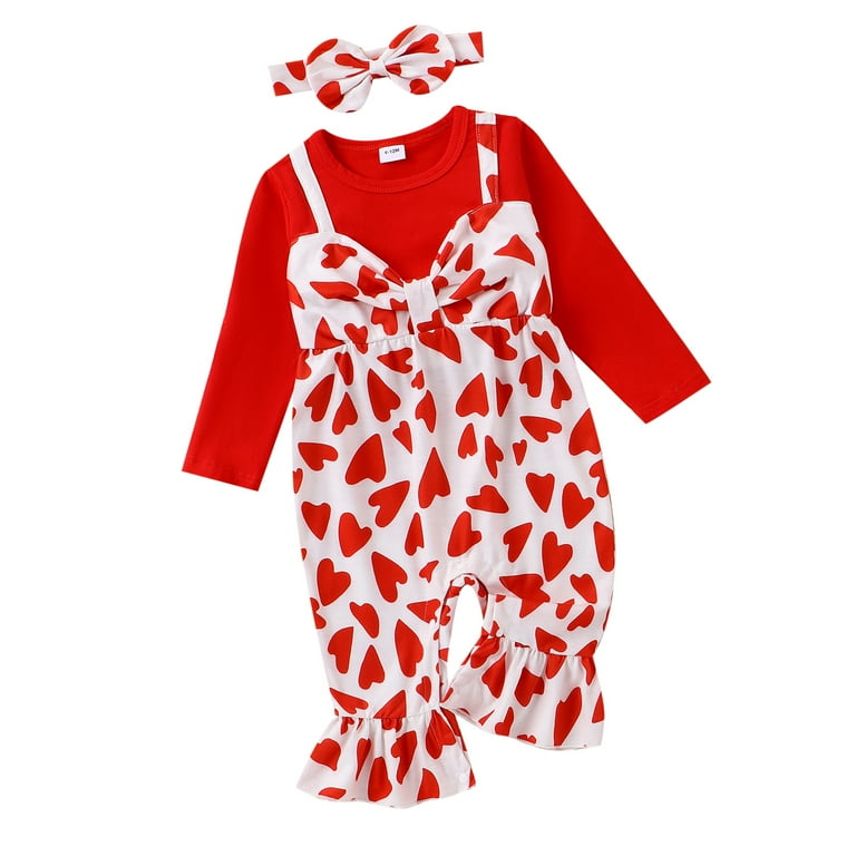 Baby Girl Heart-Print Romper With Headband - Long Sleeve One-Piece Outfit