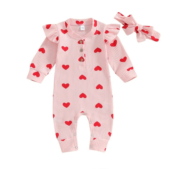 Bagilaanoe Newborn Baby Girl Valentine's Day Jumpsuits Heart Print Long Sleeve Bodysuits + Headband 3M 6M 12M 18M Infant Spring One Piece Romper