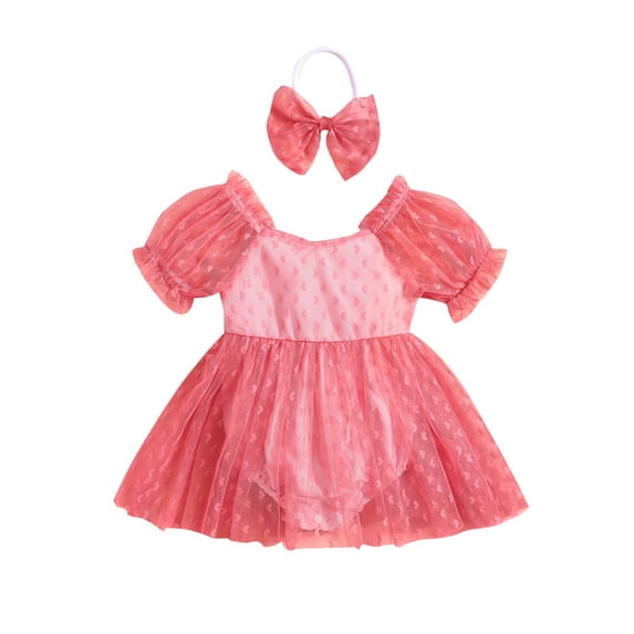 Bagilaanoe Newborn Baby Girl Valentine's Day Outfits Heart Print Short Sleeve Romper Dress + Headband 6M 12M 18M 24M Infant Tulle A-line Princess Dresses
