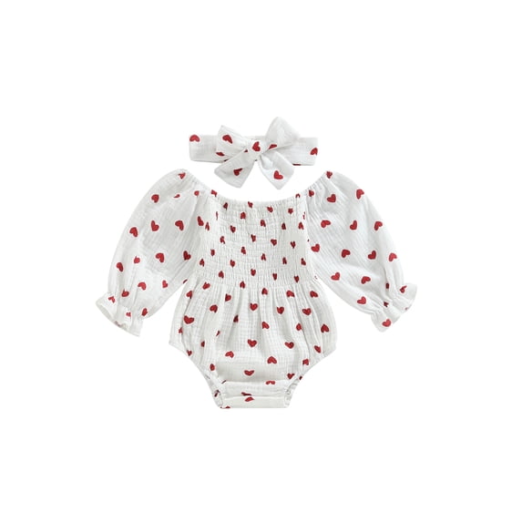 Bagilaanoe Newborn Baby Girl Valentine's Day Rompers Heart Print Long Sleeve Bodysuit + Headband 3M 6M 12M 18M Infant One Piece Jumpsuit