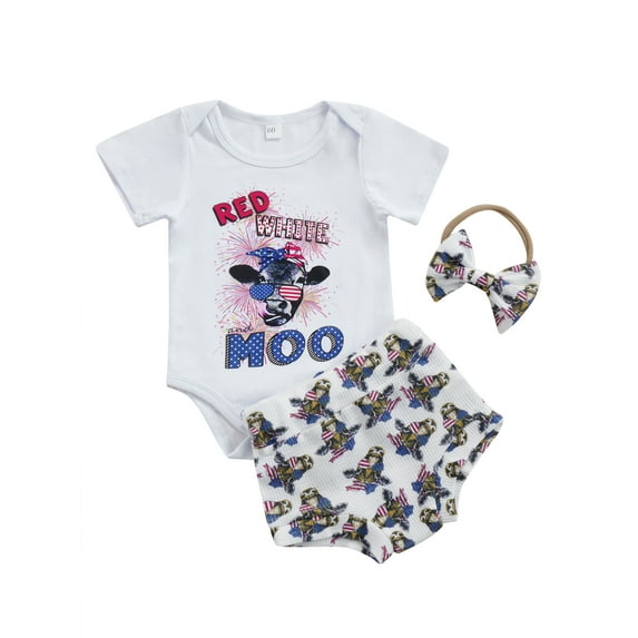 Bagilaanoe Newborn Baby Girls 4th of July Outfits Short Sleeve Letter Print Romper Tops Cow/American Flag Shorts Headband Set 0-18M