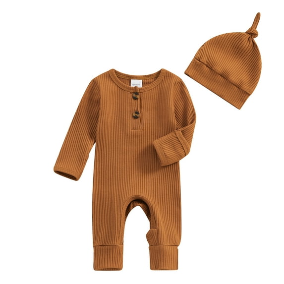 Bagilaanoe Newborn Baby Girls Boy One-pieces Long Sleeve Jumpsuit + Hat Infant Ribbed Romper Casual Clothing