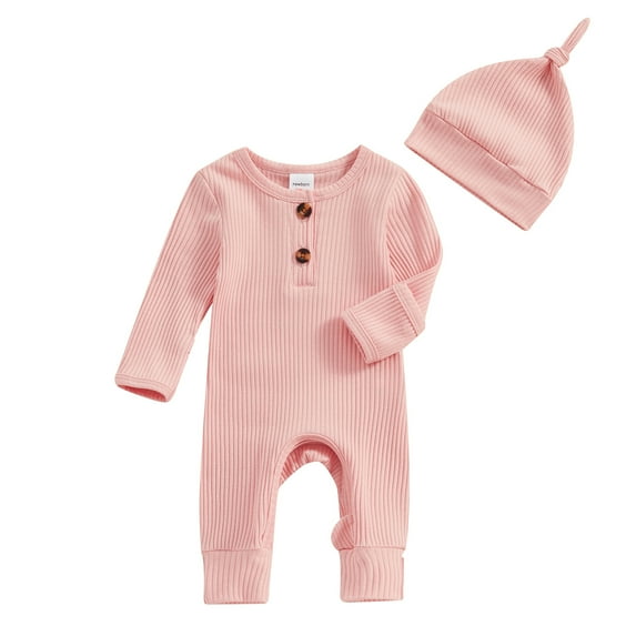 Bagilaanoe Newborn Baby Girls Boy One-pieces Long Sleeve Jumpsuit + Hat Infant Ribbed Romper Casual Clothing