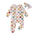 thumbnail image 1 of Bagilaanoe Newborn Baby Girls Boys One-pieces Checkerboard Long Sleeve Jumpsuit + Headband 3M 6M 12M 18M Infant Ruffled Romper Casual Clothing, 1 of 8
