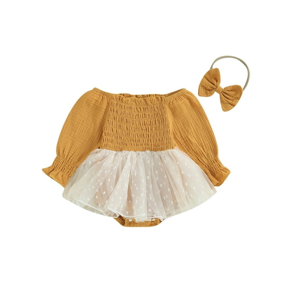 Bagilaanoe Newborn Baby Girls Long Sleeve Romper Dress + Headband 6M 12M 18M 24M Infant Mesh Patchwork A-line Dresses