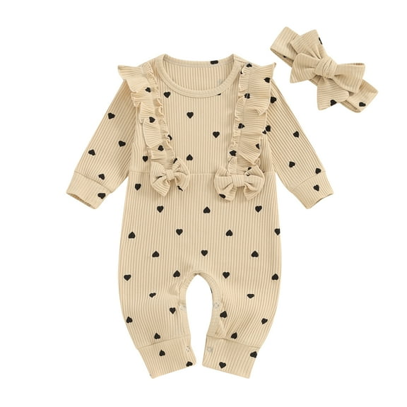 Bagilaanoe Newborn Baby Girls One-pieces Heart Print Long Sleeve Jumpsuit   Headband 3M 6M 9M 12M Infant Romper Casual Clothing