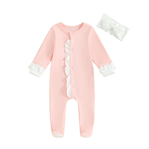 Bagilaanoe Newborn Baby Girls One-pieces Ruffle Long Sleeve Footed Jumpsuit + Headband 0-3M Infant Romper Casual Clothing