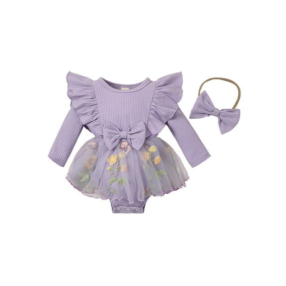 Bagilaanoe Newborn Baby Girls Romper Dress Long Sleeve Butterfly Flower Embroidery Bodysuit + Headband 3M 6M 12M 18M Infant Fall Patchwork A-line Dresses
